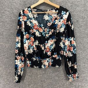 Moa Moa Blouse Women S Small Black Floral V-Neck Log Sleeve Elastic Waist Rayon